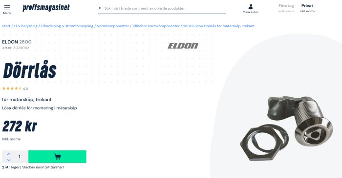 Eldon 2600 dörrlås för mätarskåp med trekantsutformning och separata komponenter.