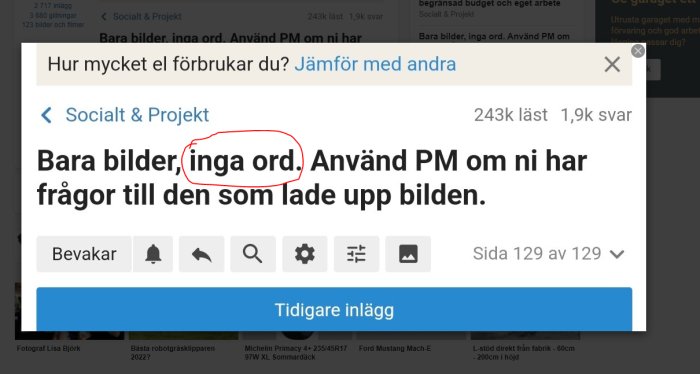 Skärmdump av ett foruminlägg med texten "Bara bilder, inga ord" markerad.