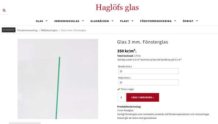 Skärmdump av en webbsidas produktinformation som visar 3 mm tjockt fönsterglas till 350 kr/m² och köpalternativ.