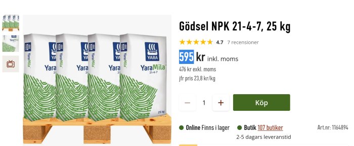 Skärmdump av webbsida som visar YaraMila gödsel NPK 21-4-7 på en pall, prissatt till 595 kr för 25 kg.