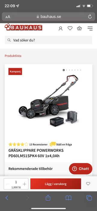 Batteridriven gräsklippare Powerworks med batteri och laddare, modell PD60LM51SPK4 60V.