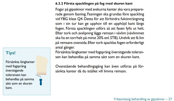 Illustration av en sidvy för limning av förskjutna gipsskivor med informationstext om yrkesmässig spackling.