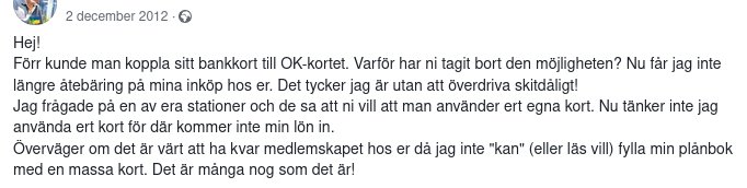 Skärmdump av Facebook-inlägg om borttagen funktion att koppla bankkort till OK-kortet.