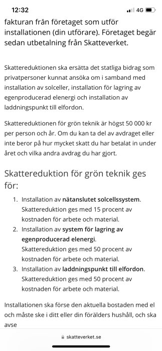 Skärmdump av information om skattereduktion för grön teknik från Skatteverkets webbsida.