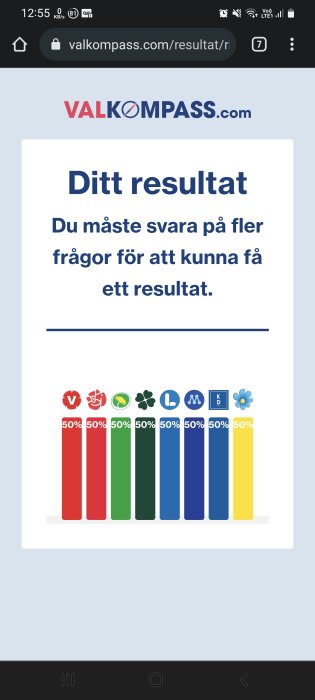 Skärmdump av ett valkompassresultat med lika matchningsprocent för flera politiska partier.