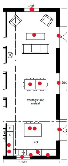 Ritning över fritidshusets planlösning med markerade platser för belysning i kök och vardagsrum/matplats.