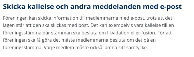 Text från Bolagsverket om att föreningar kan skicka kallelse via e-post med medlems samtycke.