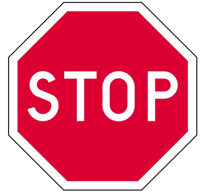 Röd och vit stoppskylt med stort "STOP" på en vit bakgrund.