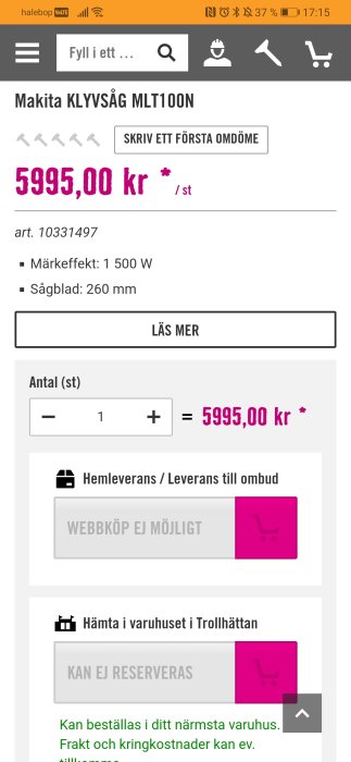 Skärmbild av en produktsida för Makita klyvsåg MLT100N med pris och specifikationer, hemleverans inte möjlig.