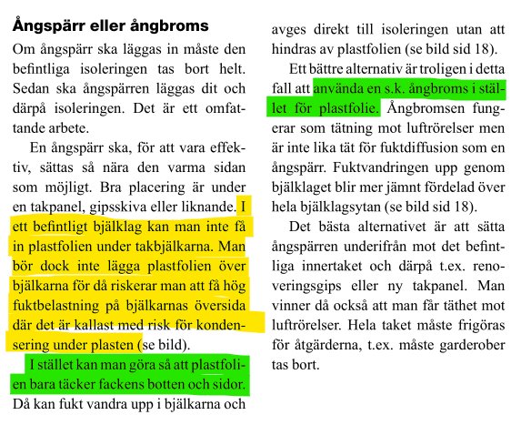 Sida ur en broschyr med text om isolering, markerad text om att använda ångbroms istället för plastfolie vid tilläggsisolering.