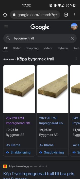 Skärmdump av Byggmax webbsökning visar impregnerade trallbrädor med priset 19,95 kr.