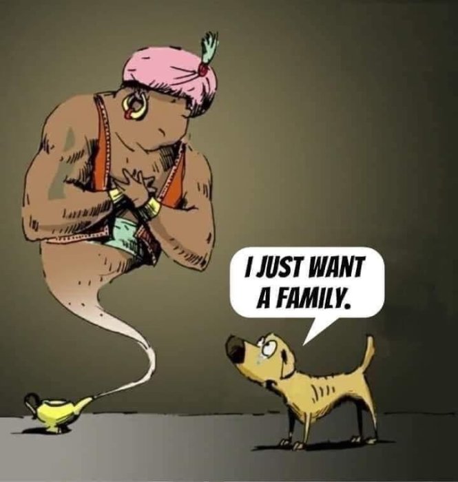 Illustration av en ledsen tecknad kvinna som ser på en graviditetstest medan en hund vid hennes fötter tänker "I JUST WANT A FAMILY.