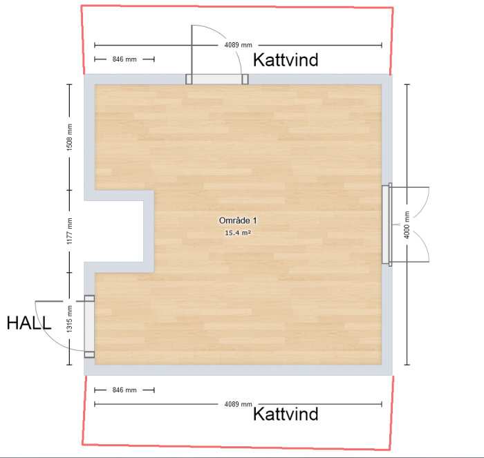 Ritning av ett barnrum på 15.4 m² med måttangivelser och angränsande kattvind och hall.