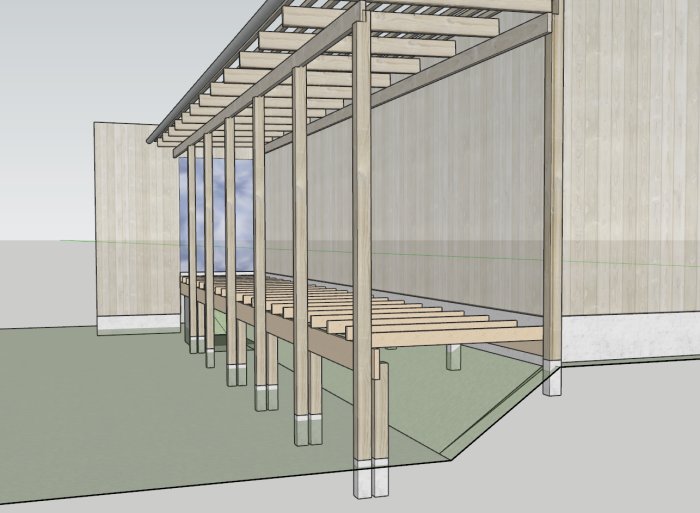 3D-skiss av en träkonstruktion med bärlinor, golvbjälkar och pelare för en uteplats.