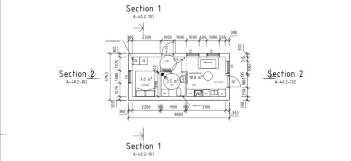 Arkitektritning av en liten lägenhets planlösning med separat sovrum och loft.