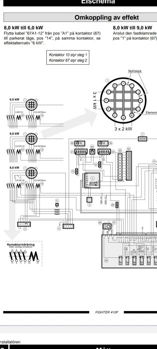 Elektriskt schema som visar omkoppling av effekt på elpanna från 8,0 kW till 6,0 kW och 9,0 kW.