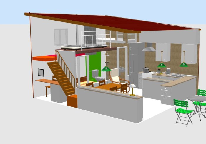3D-modell av ett litet hus interiör med kök, trappa och sovloft, designad för effektivt utnyttjande av utrymme.