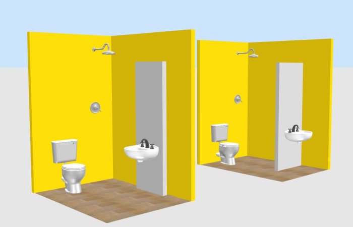 3D-modell av två badrumsutformningar med toalett och handfat, delade av en vägg.