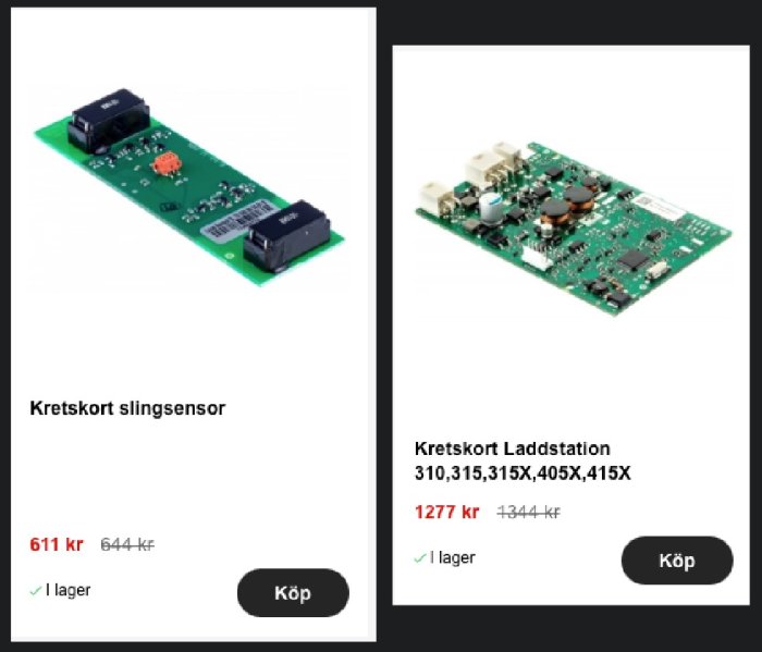 Två elektroniska kretskort, ett märkt "slingsensor" och det andra "laddstation", med prisinformation.