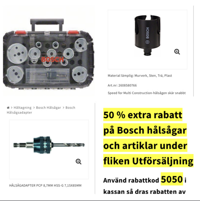 Set med Bosch hålsågar i väska, enskild hålsåg och hålsågsadapter, samt reklam för 50% rabattkod.