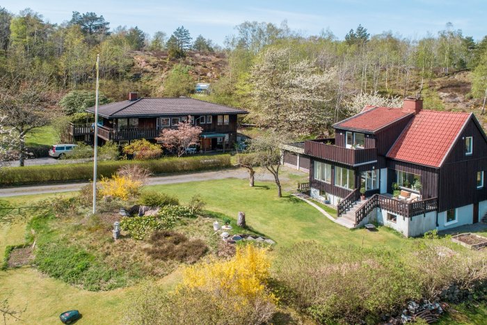 Flygbild på två hus med trädgårdar omgivna av träd och en klarblå himmel i bakgrunden.