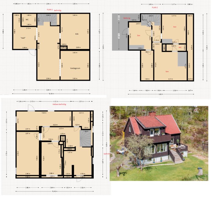 Ritningar över befintlig och planerad husplanlösning samt en exteriör bild av huset.