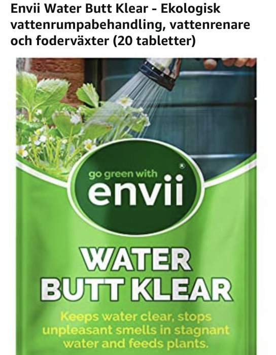 Förpackning för Envii Water Butt Klear, tabletter för vattenrening och vårdbotemedel för växter.