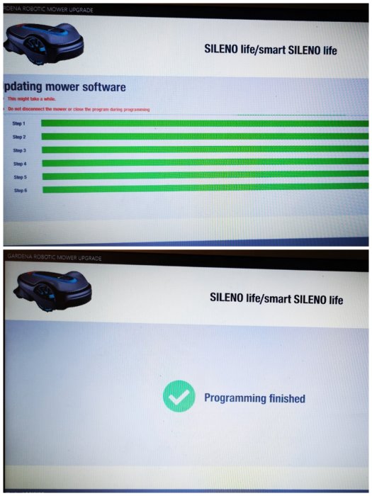 Skärm med uppdateringsstatus för Gardena Sileno Life robotgräsklippare visande avslutad programmerning.