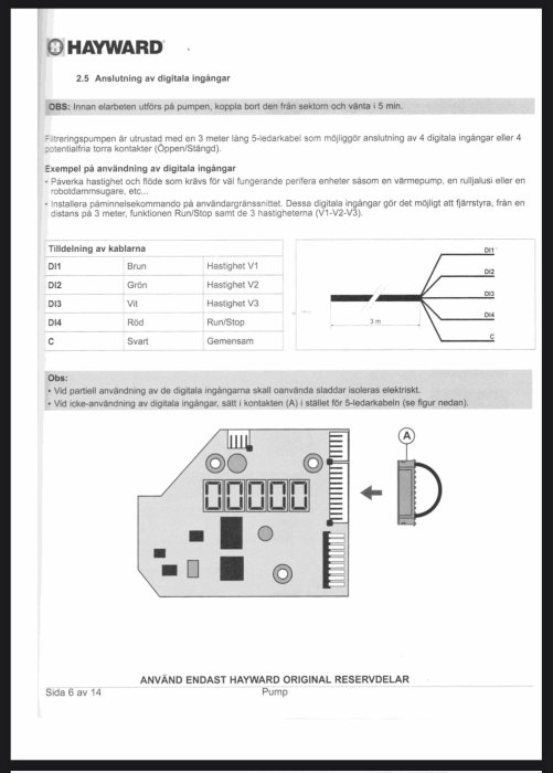 Sida ur manual visar anslutningar för en poolpumps digitala ingångar och kabeldragning.
