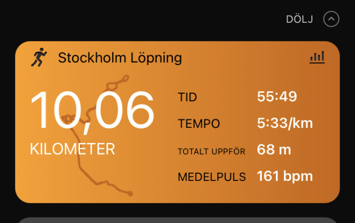 Skärmavbild av löparapp med statistik för löprunda i Stockholm: 10,06 km, 55:49 tid, 5:33/km tempo, 68 m uppför, 161 bpm puls.