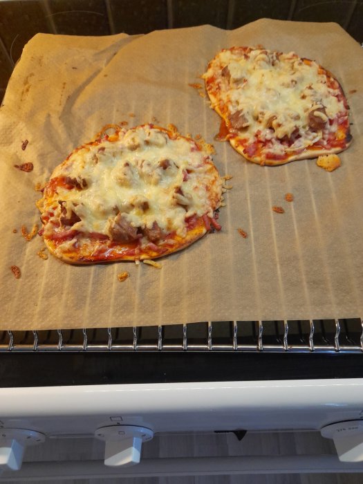 Två mindre hemgjorda pizzor med ost och tomatsås i en ugn.