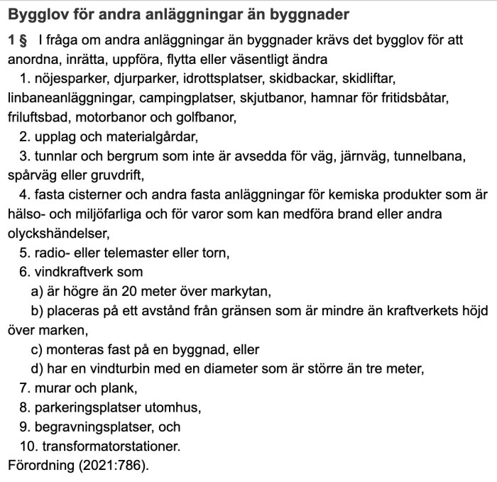 Utdrag ur svensk PBF som listar anläggningar som kräver bygglov, inkluderar nöjesparker och vindkraftverk.