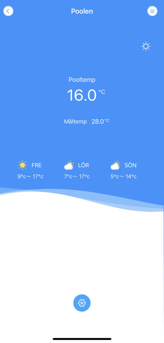 Skärmdump av pooltemperaturmätare som visar nuvarande temp 16°C, önskad måltemp 28°C och vädret.