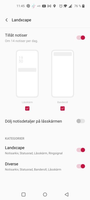 Skärmbild av telefoninställningar för notiser med valda alternativ "Låsskärm" och "Banderoll".