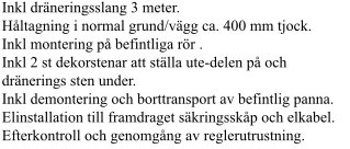 Textdokument som beskriver installation och material för en NIBE F2040-6+VVM S325 värmepump, inklusive detaljerad lista över ingående delar.