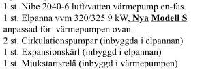 Lista med utrustning för NIBE F2040-6 värmepump inklusive elpanna, cirkulationspumpar, expansionskärl och mjukstartrelä.