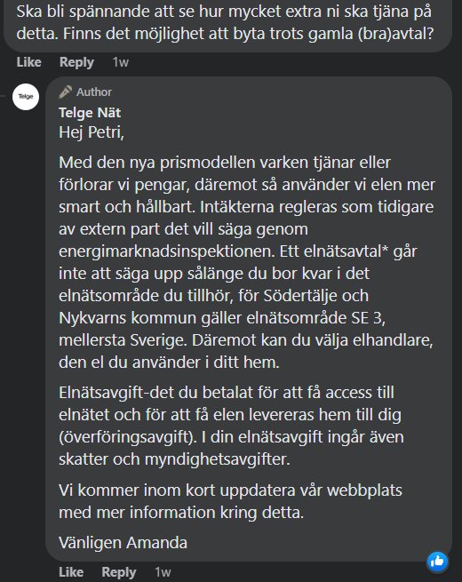 Skärmdump av ett foruminlägg om elnätsavgifter med en respons från Telje Nät.