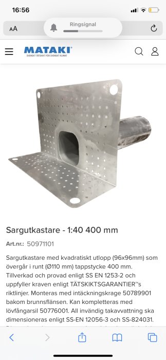 Sargutkastare i metall med kvadratiska och runda hål för byggprojekt, visas mot vit bakgrund med teknisk specifikation nedan.