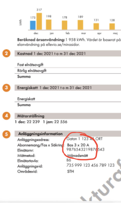 Skärmklipp av fakturasektioner inklusive energiförbrukning, kostnader och anläggningsinformation.