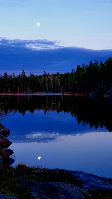 Kvällslandskap med månen reflekterande över en lugn skogssjö, omgiven av träd och klippor.