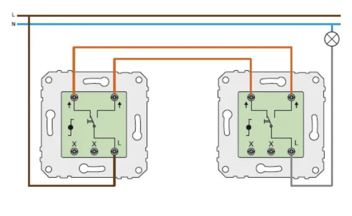 Elektrisk schema för trappkoppling med två strömbrytare och ledningar.