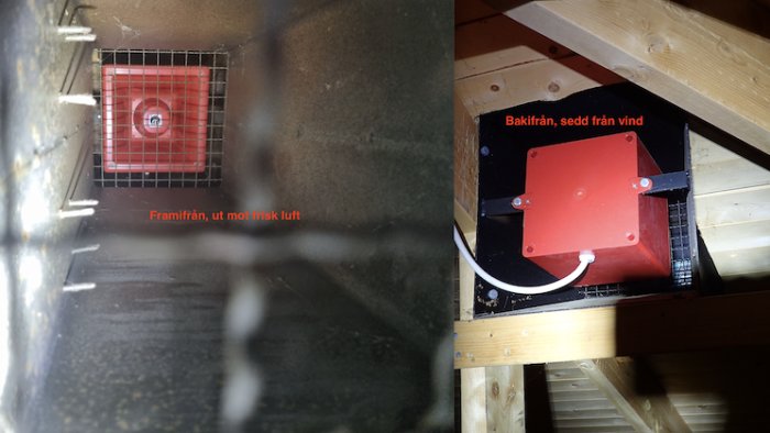 Två bilder på mystiska järnkonstruktioner i ventilationen, en sedd framifrån, den andra bakifrån.