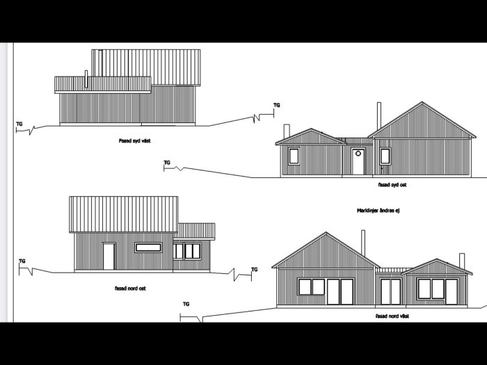 Svartvit ritning visar fasadvyer av ett modernt hus med markerade mått och fönsteralternativ.