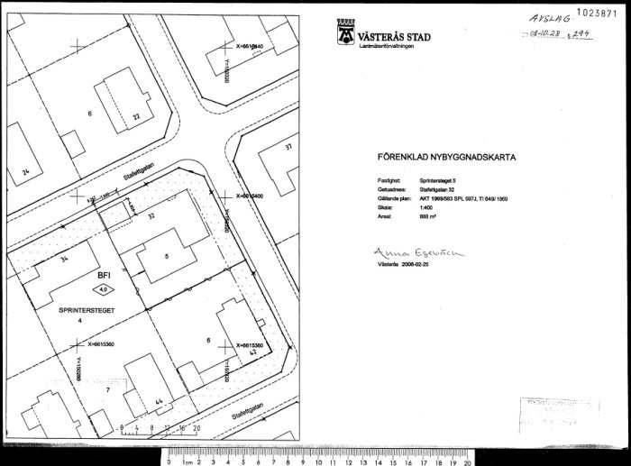 En förenklad nybyggnadskarta från Västerås stad som visar tomter och byggnader med koordinater och detaljer.