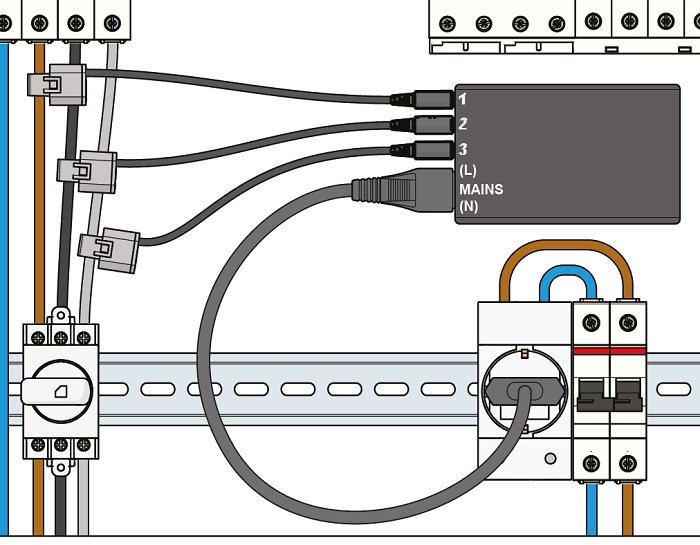 Illustration av elektrisk installation med stickpropp, sensorbox och säkringar.