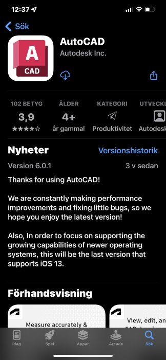 Skärmbild av AutoCAD-appens informationssida på en mobilskärm.