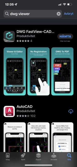 Skärmbild av en mobiltelefonsökning efter DWG-viewer-appar med exempel på CAD-ritningsvisare.