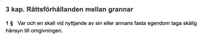 Textavsnitt ur lag med rubriken "3 kap. Rättsförhållanden mellan grannar" och paragraf om hänsynstagande vid nyttjande av fastighet.