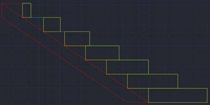 Digital ritning av trappa med röd konturlinje och gula rektanglar som markerar steg i ljusblå dimensioner.