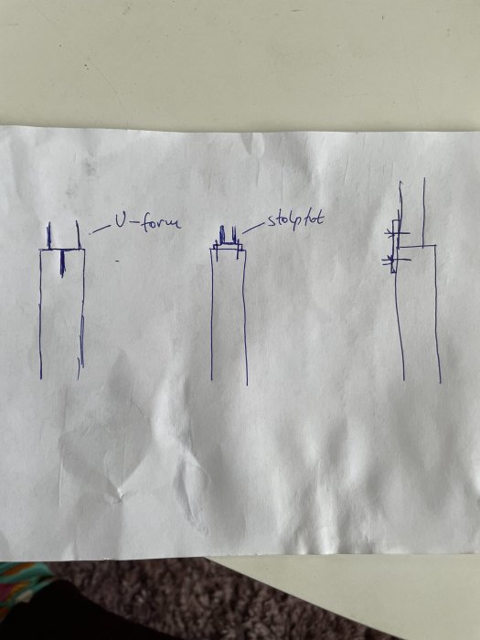 Handritade skisser av staketmontering på stödmur med U-form, stolpfot och anpassat fäste.